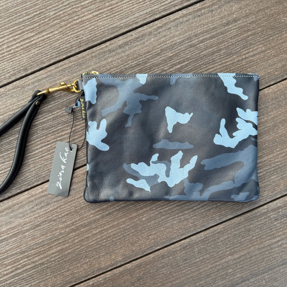 Zina Kao Blue Camouflage Leather Wristlet Clutch NWT